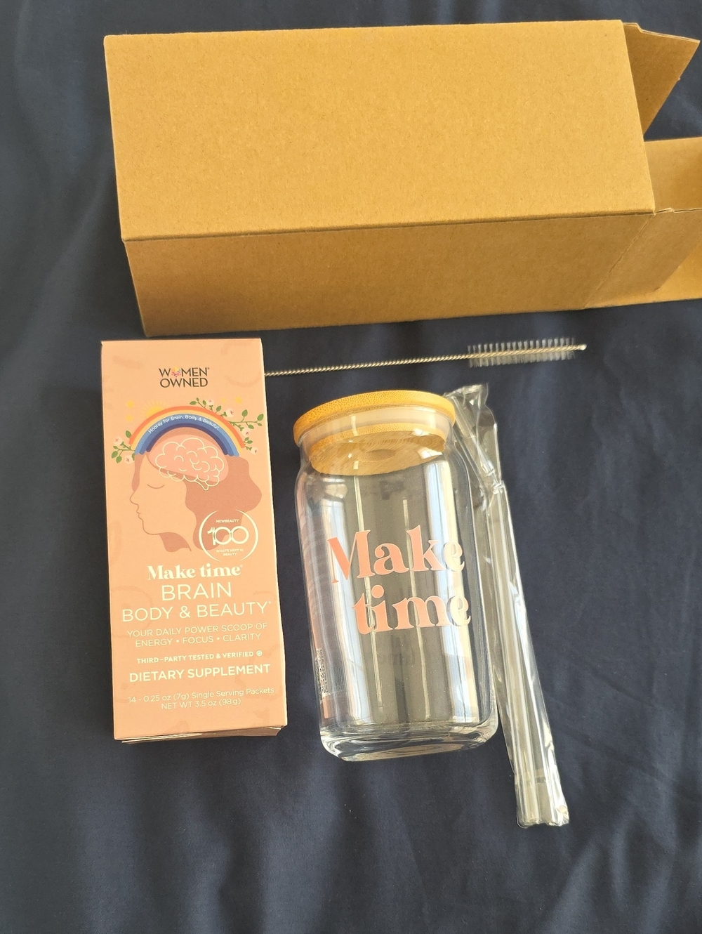 Make Time Glass Water Bottle w Straw/brush. 14 Single Serving Brain &beauty Supp